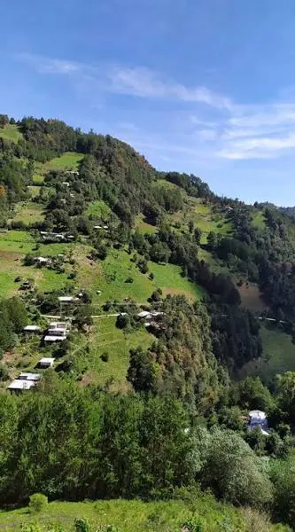 Ladera verde de la sierra con viviendas dispersas entre cultivos y vegetación.